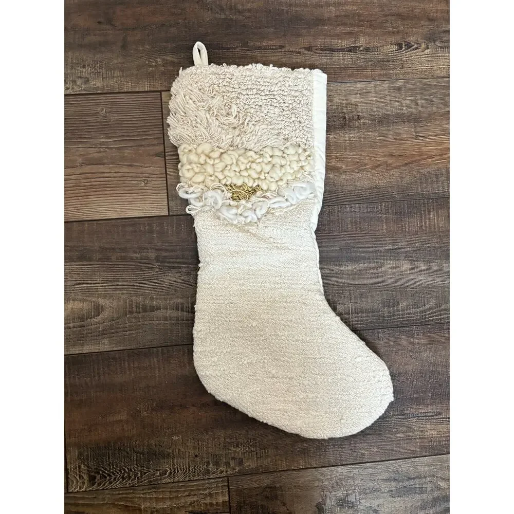 World Market Neutral Boho Bohemian Ivory Cream Gold Christmas Stocking 19
